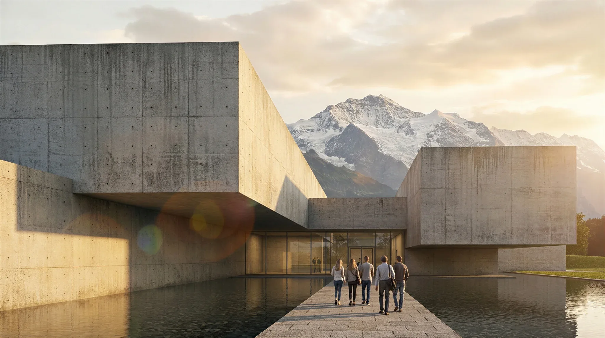 AI render of a concrete museum with a reflecting pool, visitors on a stone path and a snow-capped Alpine peak at sunset