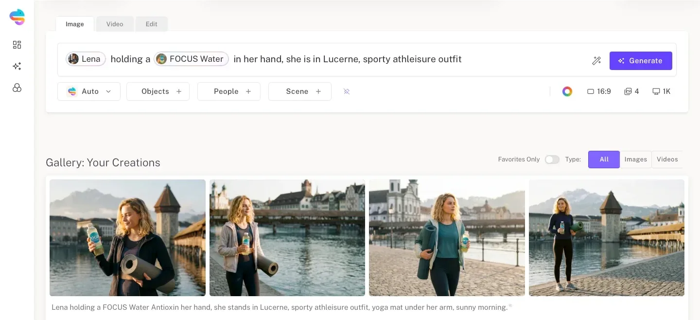 Samsa prompt naming a person model and a product model, above four generated images of the same woman holding the same bottle in Lucerne