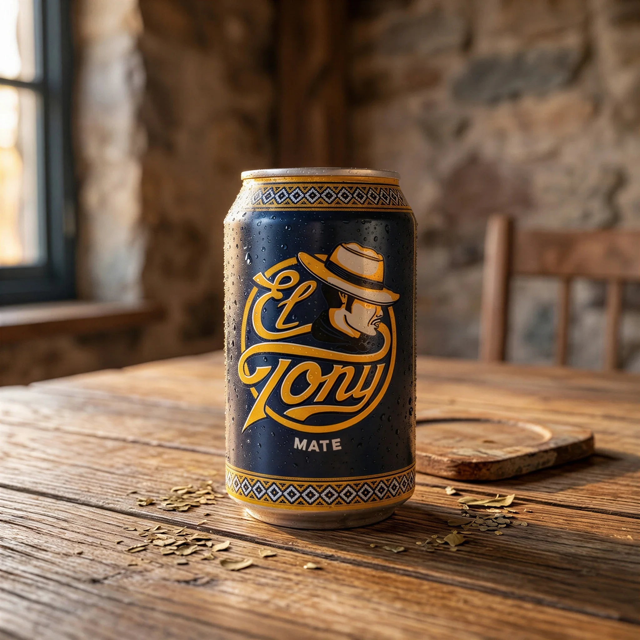 An El Tony Mate can on a rustic wooden table in a room with stone walls