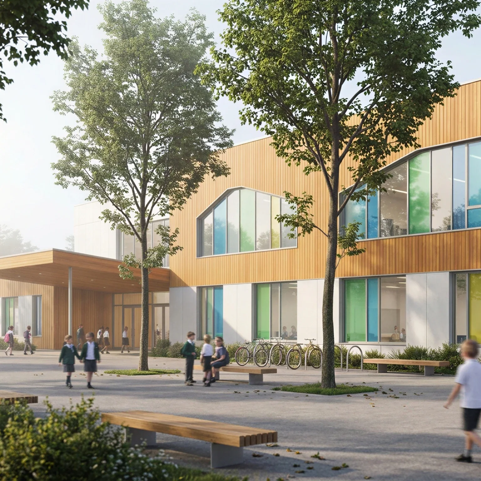 AI architectural rendering of a two-storey school with a timber facade and coloured windows, children crossing the tree-lined schoolyard
