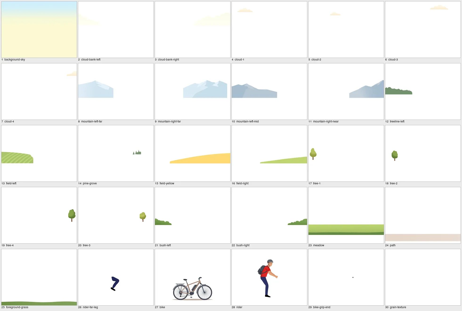 Grid of 30 named layers from a rebuilt SVG: sky, clouds, mountains, fields, trees, path, the rider's far leg, the bike and the rider, each complete