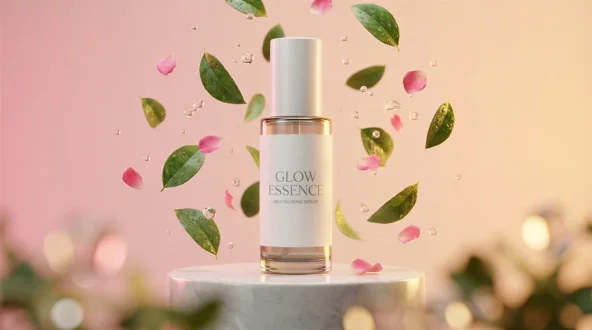 samsa-ai-3d-visualization-cosmetic-serum-bottle-floating-petals