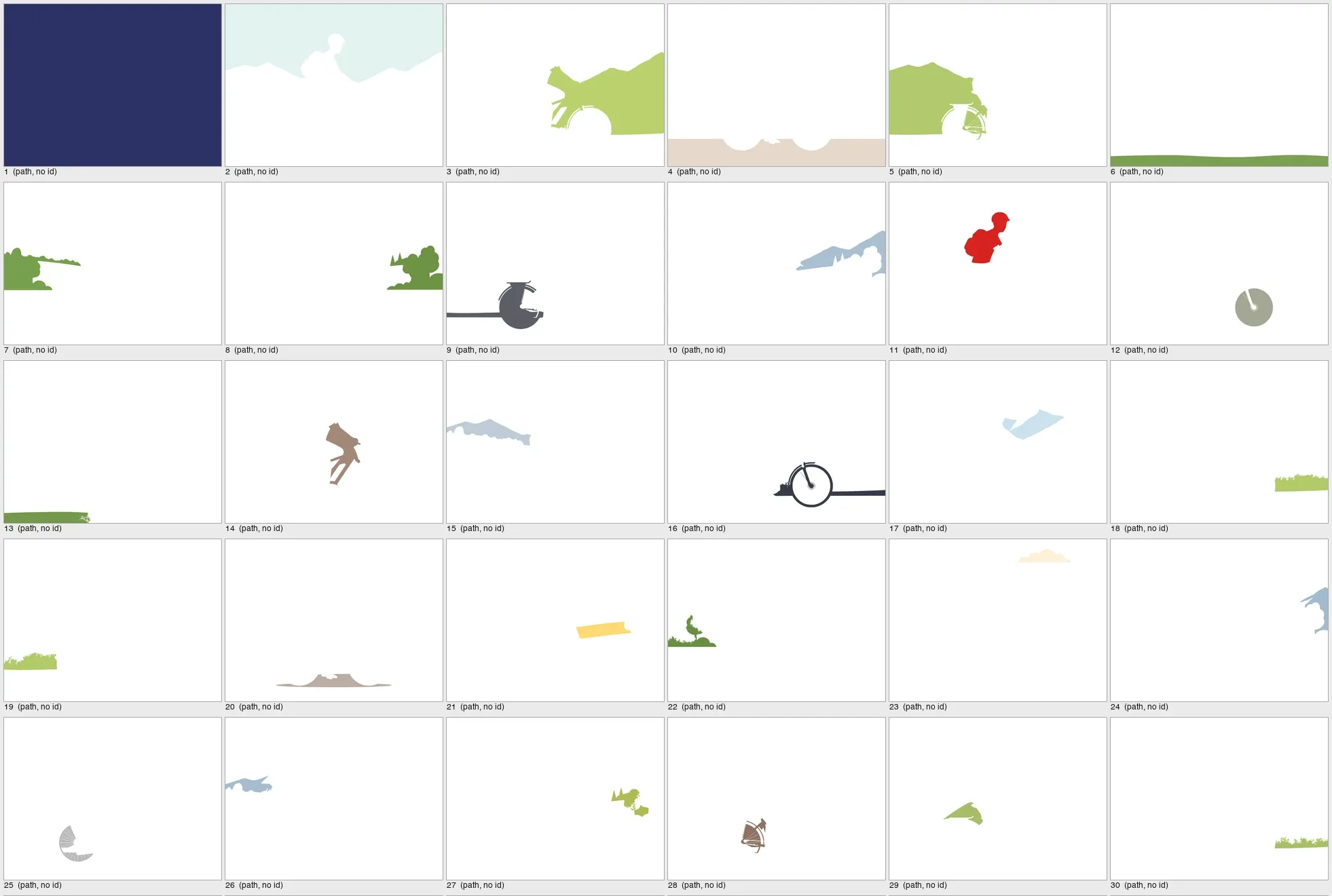 30 isolated shapes from a traced SVG: a navy rectangle, a sky with a hole shaped like the rider, fragments of hills and bike parts, none with a name